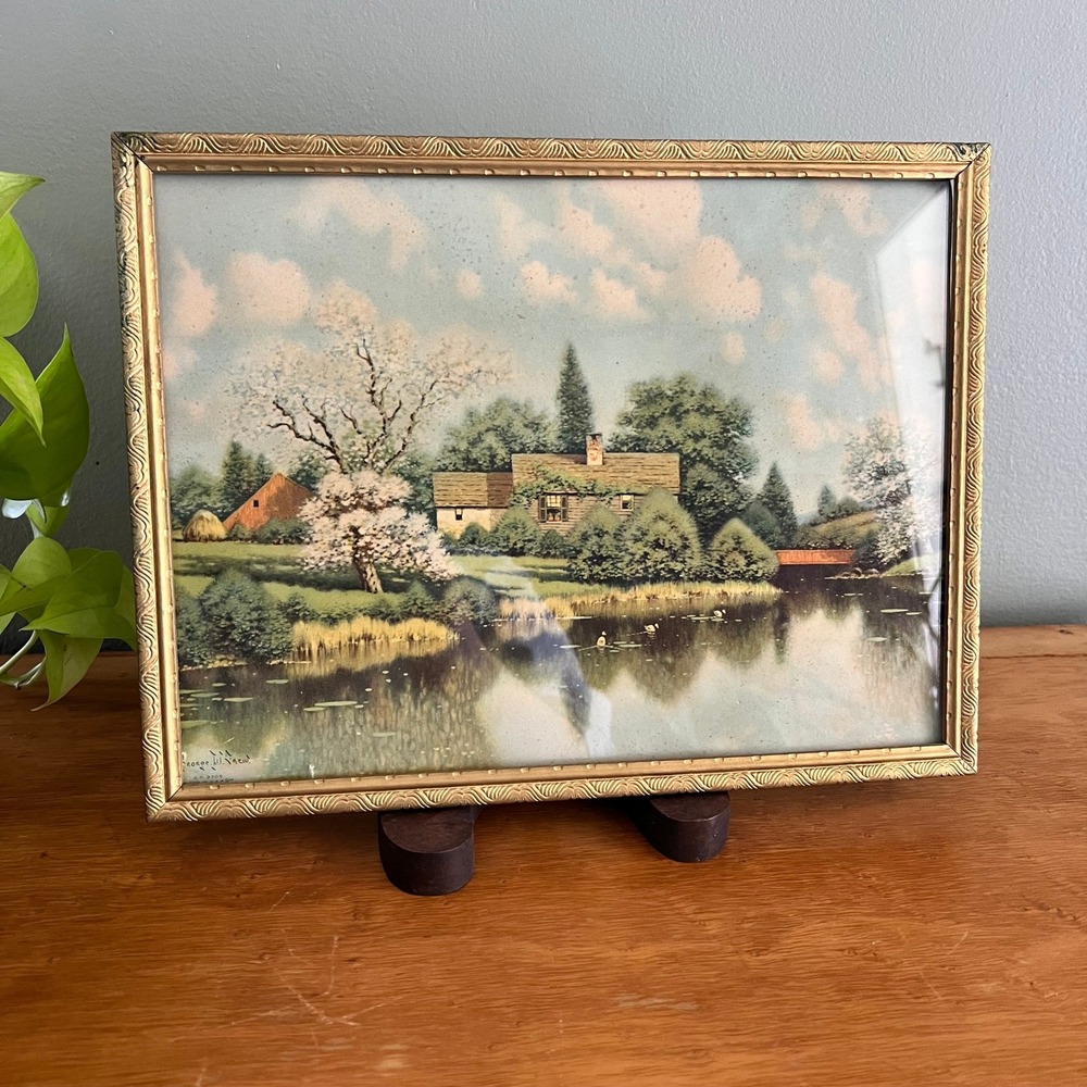 George W Drew Vintage Landscape Print Gold Framed Cottage Lithograph
